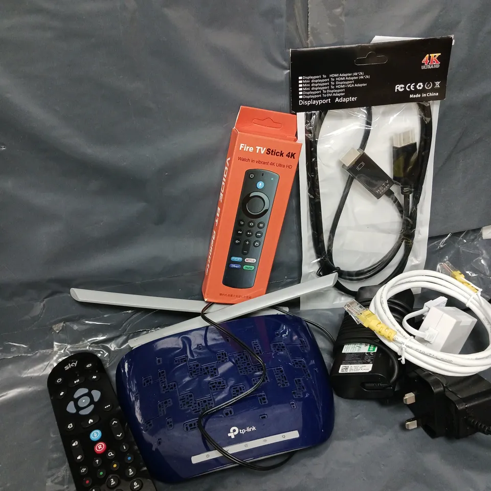 APROXIMATELY 10 ASSORTED HOUSEHOLD ITEMS TO INCLUDE TV STICK REMOTE, ROUTER, DISPLAY PORT, ETC
