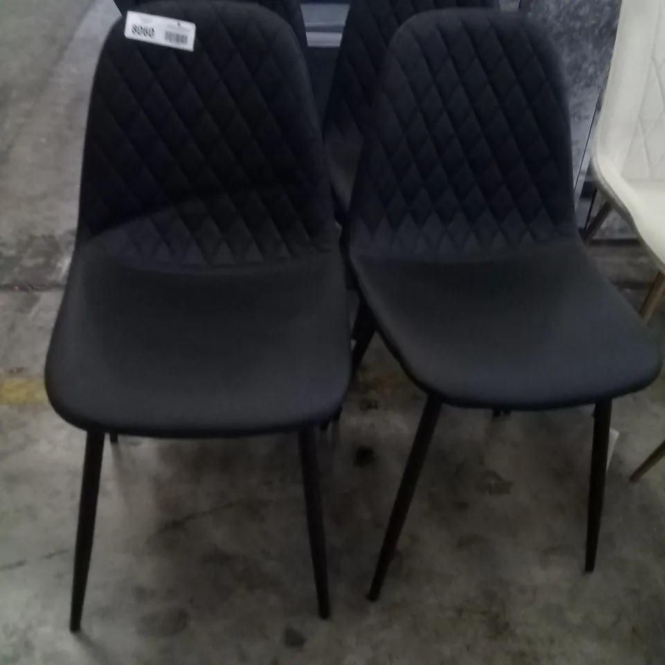 APPROXIMATELY 4 DESIGNER BLACK FAUX LEATHER DINING CHAIR WITH BLACK LEGS