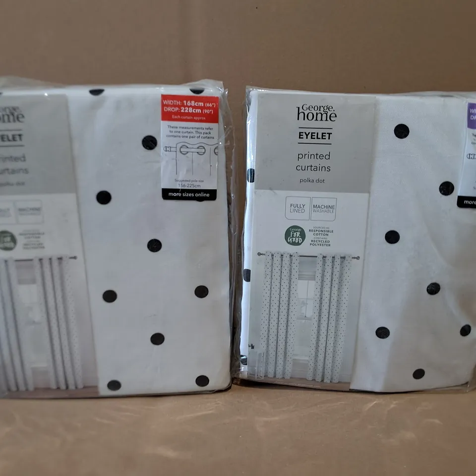LOT OF 10 AS NEW POLKA DOT OVER WHITE EYELET CURTAIN PAIRS IN VARIOUS SIZES