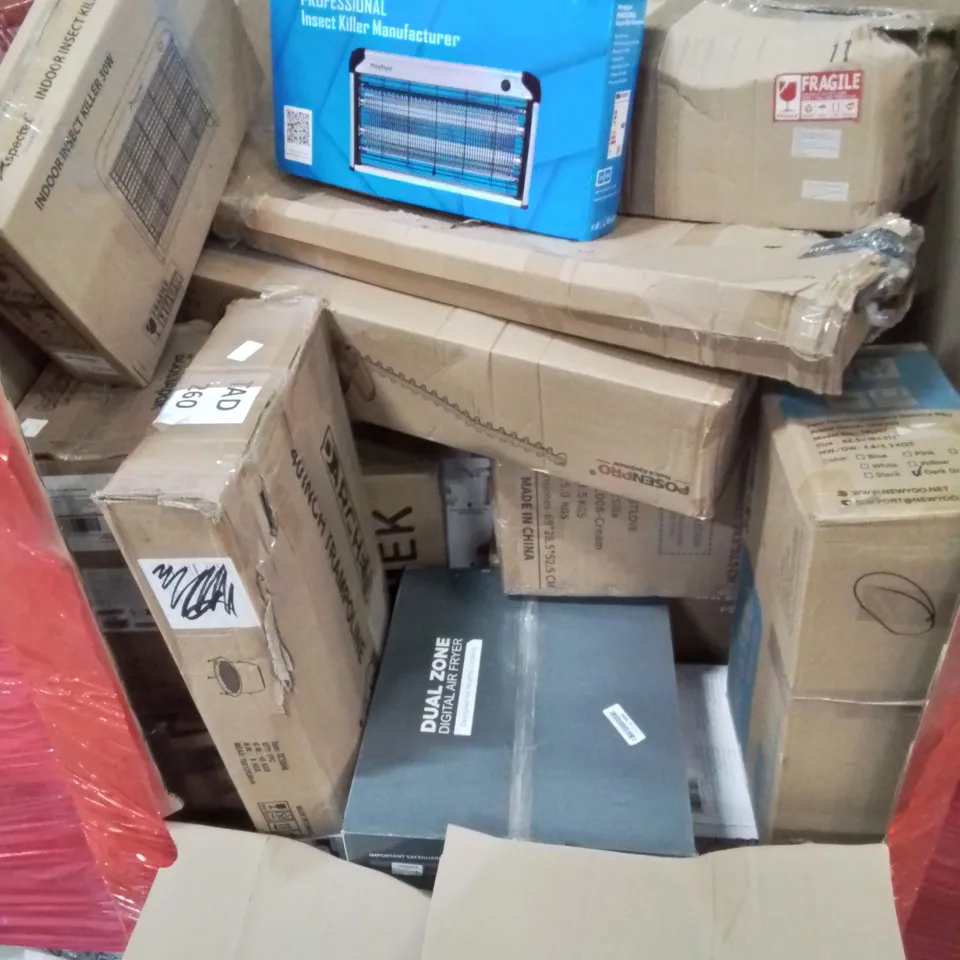 PALLET CONTAINING VARIOUS BOXED MIXED ITEMS TO INCLUDE: TRAMPOLINE, HEDGE TRIMMER, DIGITAL AIR FRYER INSECT KILLERS ETC.