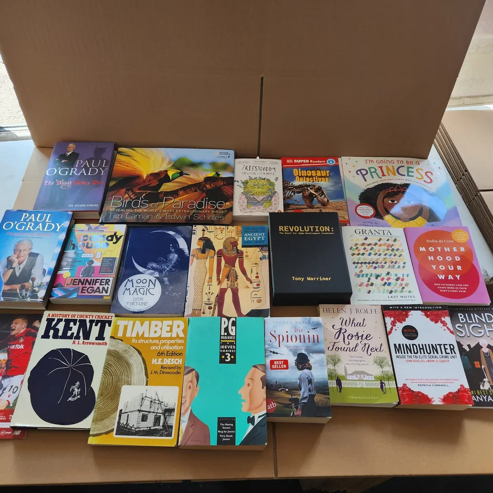 CAGE OF A SIGNIFICANT QUANTITY OF ASSORTED BOOKS BY GABRIELLE ZEVIN, SCOTT CUNNINGHAM, COLLEEN HOOVER, MICHAEL PARKINSON, FREDERICK FORSYTH, DAISY WAUGH, ETC