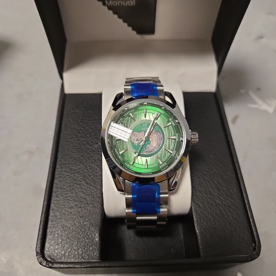 BOXED ERNEST FERDINAND MENS GREEN DIAL SILVER STRAP WATCH
