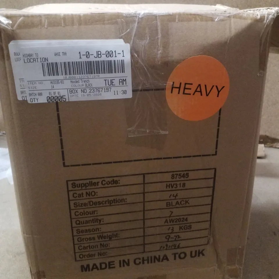 BOX CONTAINING APPROXIMATELY 5 BRAND NEW J D WILLIAMS BLACK HOODED TRENCH COAT - SIZE 14