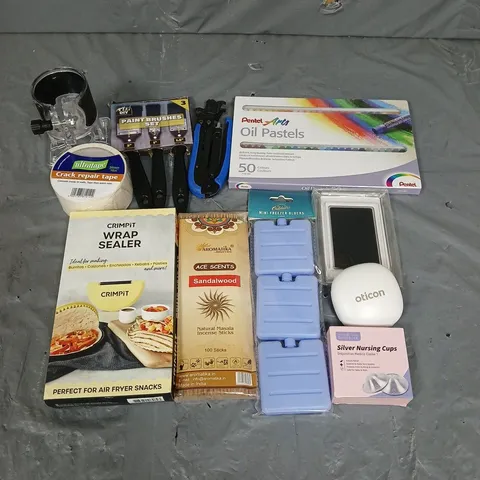 APPROXIMATELY 10 HOUSEHOLD ITEMS TO INCLUDE CRIMPIT WRAP SEALER, PENTEL OIL PASTELS, MINI FREEZER BLOCKS, ETC