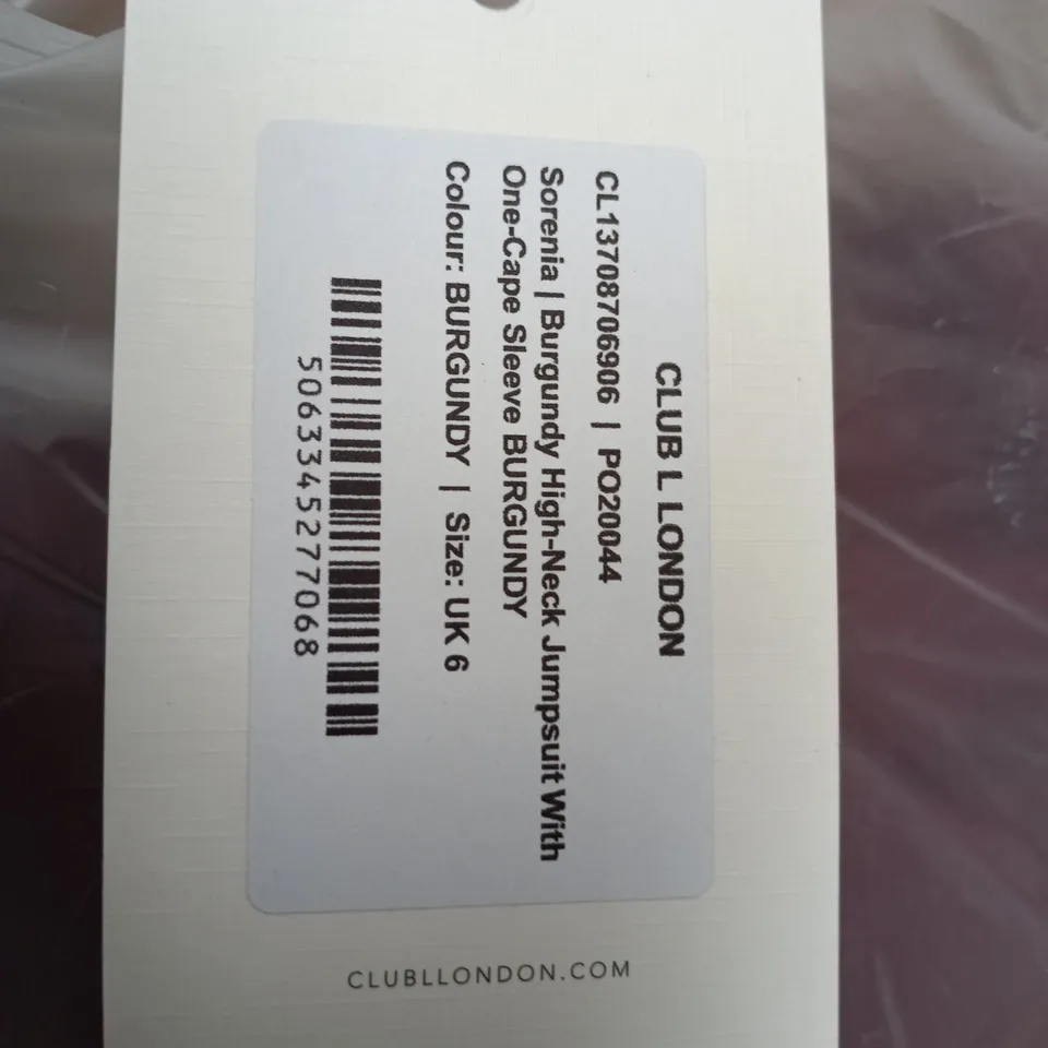 CLUB L LONDON BURGUNDY HIGH-NECK JUMPSUIT WITH ONE-CAPE SLEEVE, UK 6