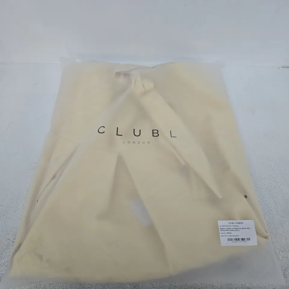 CLUB LONDON LEMON ASYMMETRIC-NECK MIDI DRESS WITH BOW-SLEEVE – UK 10
