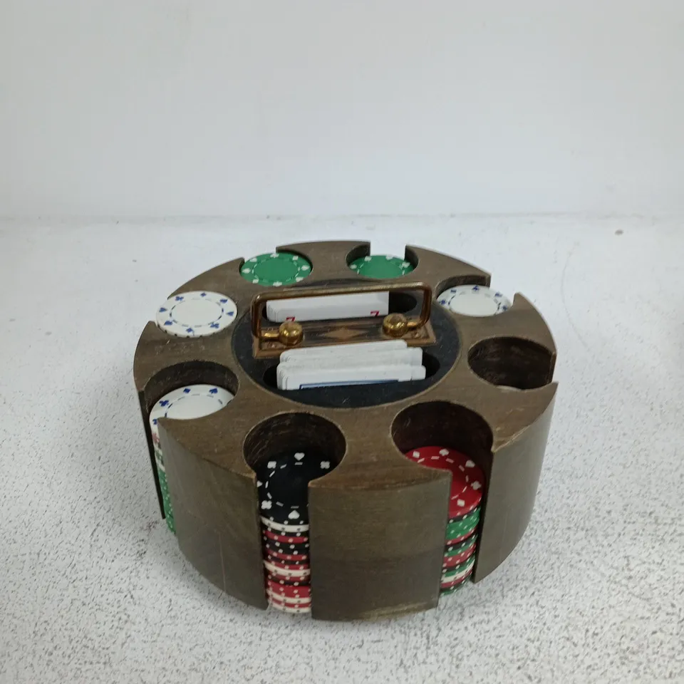 CIRCULAR WOODEN POKER CHIP RACK WITH CARDS AND CHIPS