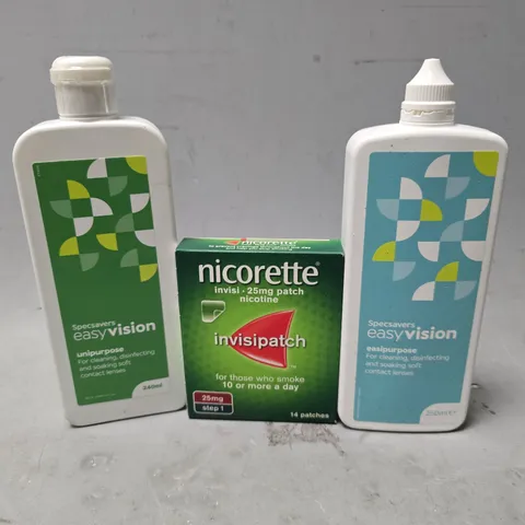 APPROXIMATELY 13 ASSORTED VISION CARE ITEMS & NICOTINE TO INCLUDE - NICORETTE PATCH NICOTINE , SPECSAVERS UNI PURPOSE ETC