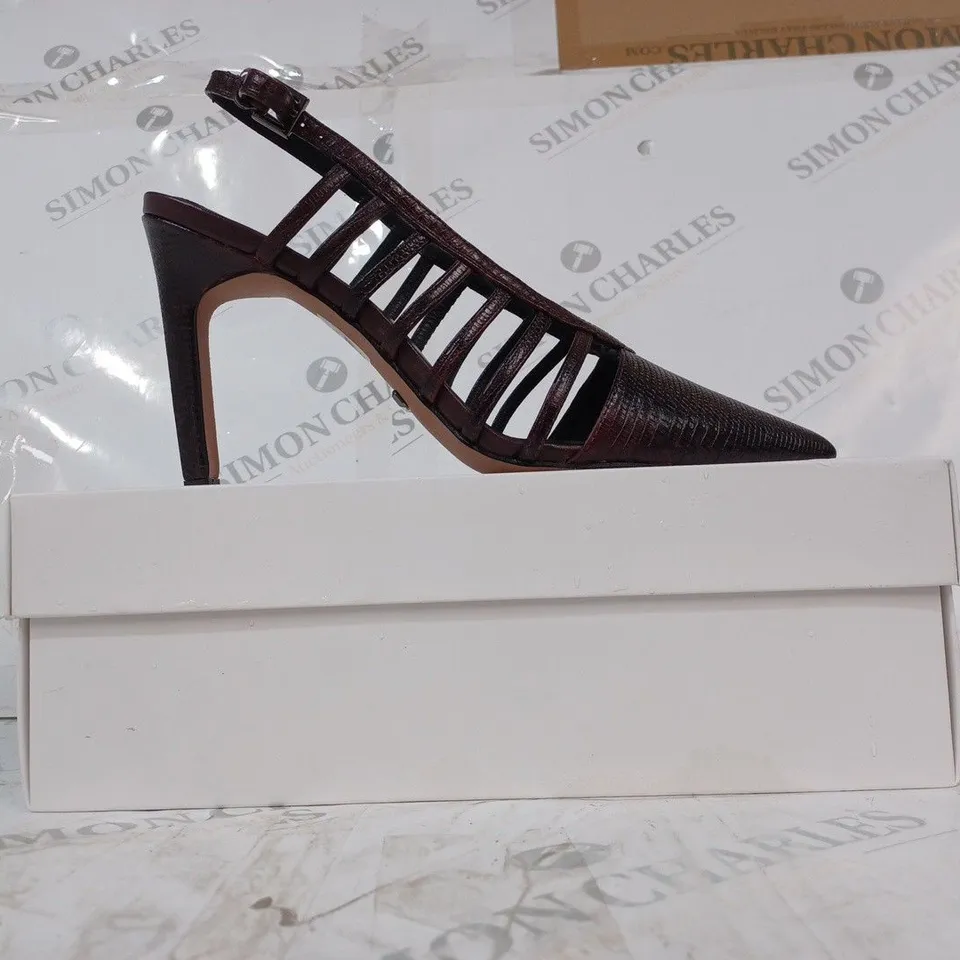 BOXED PAIR OF REISS DAPHNE SLINGBACK HEELS IN POMEGRANATE SIZE 6