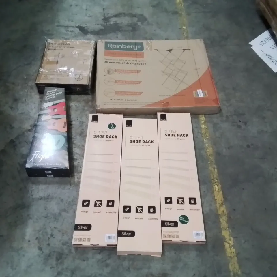 PALLET OF ASSORTED ITEMS TO INCLUDE: CLOTHES AIRER, TV STAND, FLIGHT UKULELE, 5 TIER SHOE RACKS ECT