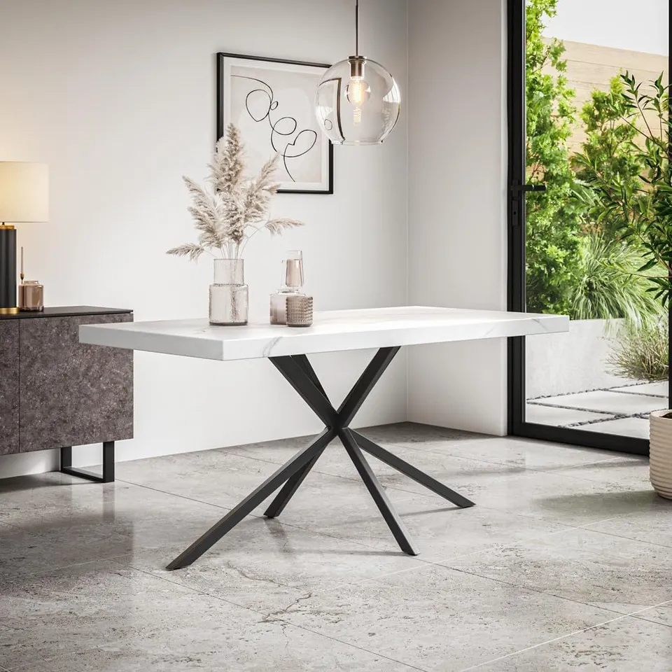 BOXED DONNI DINING TABLE - WHITE MARBLE EFFECT TOP AND BLACK LEGS (2 BOXES)