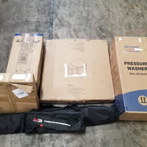 PALLET OF ASSORTED PRODUCTS INCLUDING PRESSURE WASHER, COFFEE TABLE, AIR COOLER, MANHOLE COVER, 2300M TILE CUTTER