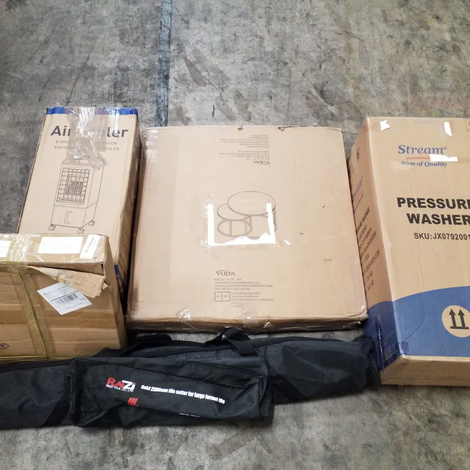 PALLET OF ASSORTED PRODUCTS INCLUDING PRESSURE WASHER, COFFEE TABLE, AIR COOLER, MANHOLE COVER, 2300M TILE CUTTER 