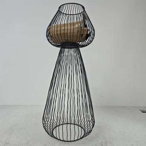BLACK WIREFRAME FLOOR LAMP WITH CONICAL BASE AND SPHERICAL CAGE SHADE