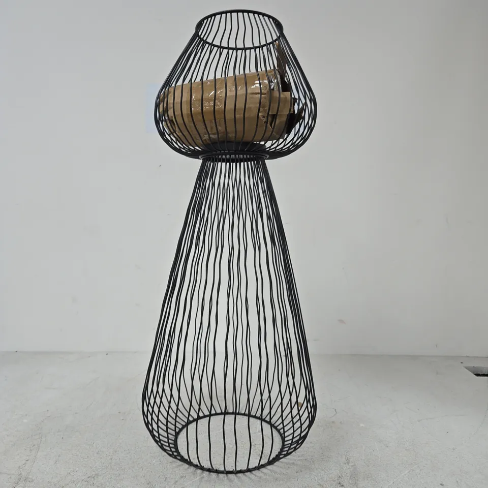 BLACK WIREFRAME FLOOR LAMP WITH CONICAL BASE AND SPHERICAL CAGE SHADE