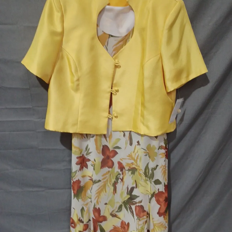 GLITZ 2 PIECE FLORAL DRESS & JACKET IN WHITE/YELLOW - SIZE 22