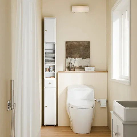 BOXED SOBUY BZR34-II-W SLIM TALL BATHROOM CABINET β 20CM WIDE FREESTANDING STORAGE CUPBOARD WITH DRAWER & ADJUSTABLE SHELVES
