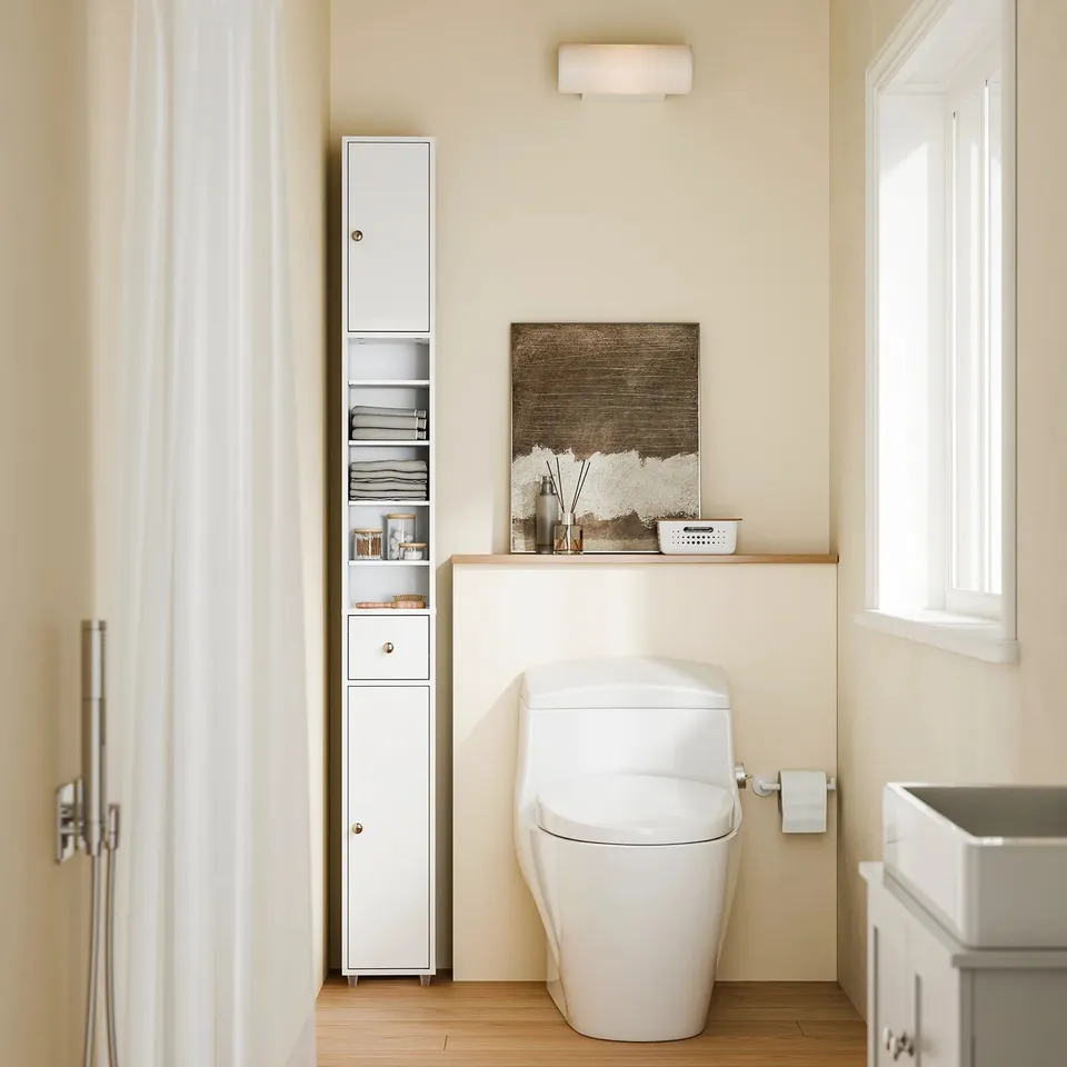 BOXED SOBUY BZR34-II-W SLIM TALL BATHROOM CABINET – 20CM WIDE FREESTANDING STORAGE CUPBOARD WITH DRAWER & ADJUSTABLE SHELVES