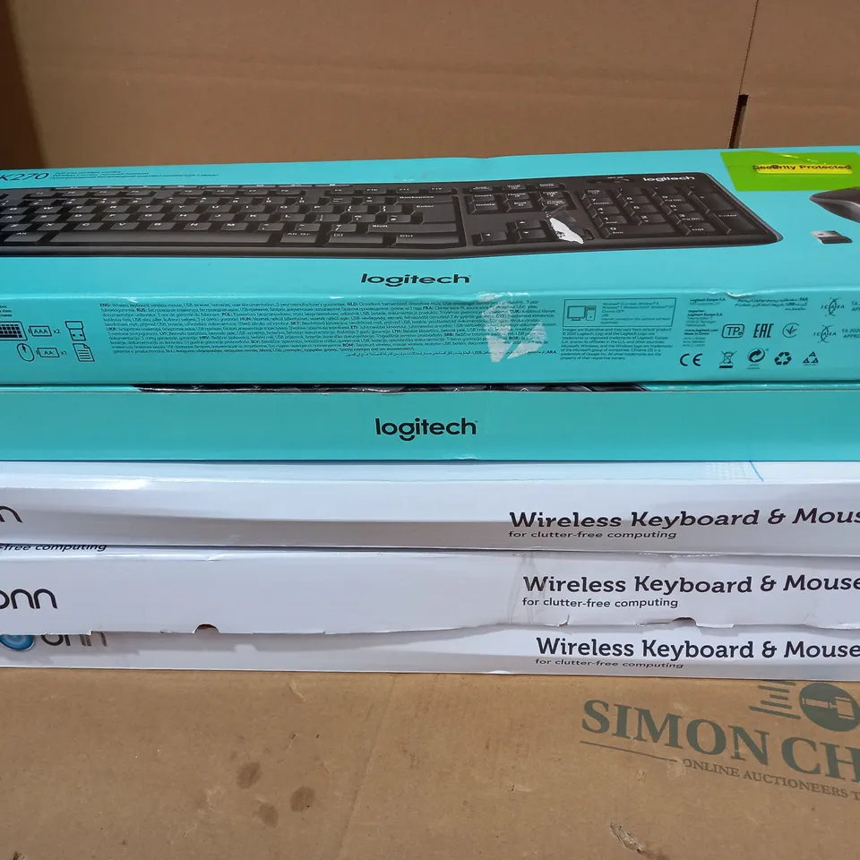 LOT OF 5 X KEYBOARDS TO INCLUDE LOGITECH MK270 KEYBOARD AND MOUSE COMBO AND ONN WIRELESS KEYBOARD AND MOUSE COMBO