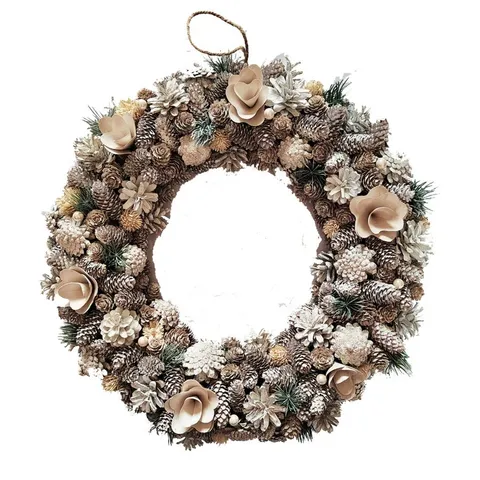 BOXED NEO LUXURY EXTRA LARGE FROSTED PINECONE WINTER WREATH 50CM HOME ARTIFICIAL CHRISTMAS FESTIVE FRONT DOOR DECORATION (1 BOX)