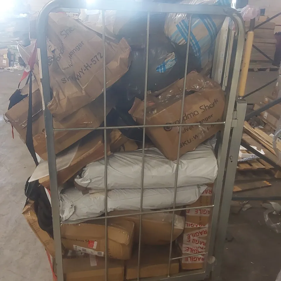 CAGE CONTAINING A LARGE QUANTITY OF ASSORTED ITEMS INCLUDING: HOSE PIPE, VELVET HANGERS, FLOATING SHELF ECT - CAGE NOT INCLUDED