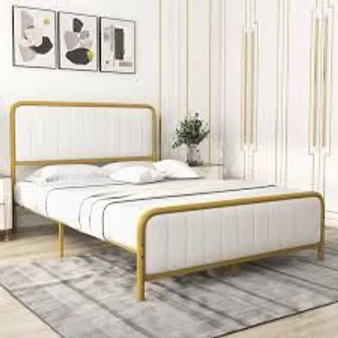 BOXED COSTWAY DOUBLE MUSTARD AND WHITE UPHOLSTERED METAL BED FRAME