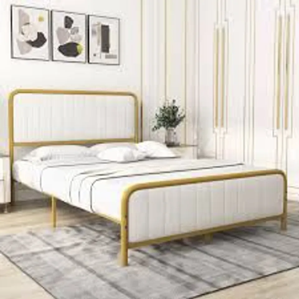 BOXED COSTWAY DOUBLE MUSTARD AND WHITE UPHOLSTERED METAL BED FRAME