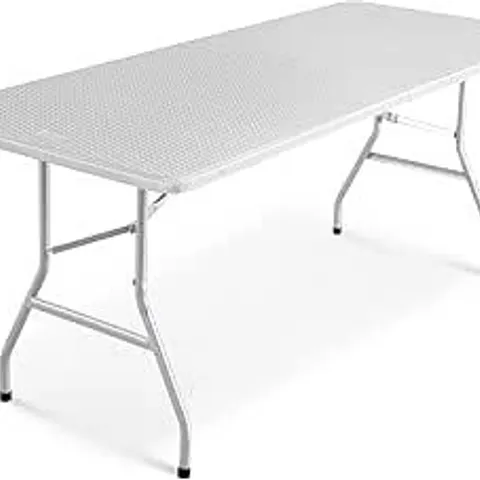 BOXED KEPLIN 6FT FOLDING TABLE, RATTAN PATTERNED TOP - WHITE (1 BOX)