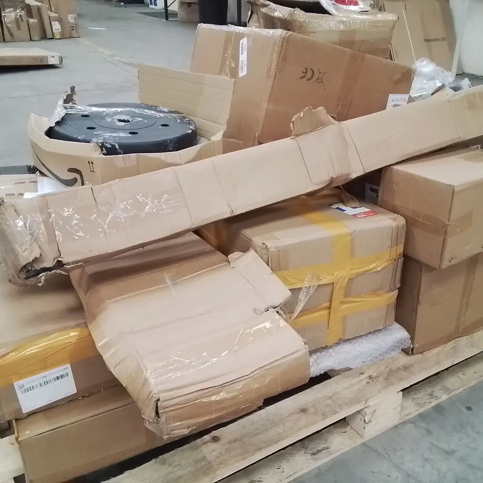 PALLET CONTAINING VARIOUS ASSORTED BOXED HOUSEHOLD RETURNS/ELECTRICAL/GARDEN ITEMS TO INCLUDE: PORTABLE FAN, WASHING LINE, AIR QUALITY DETECTOR ETC.