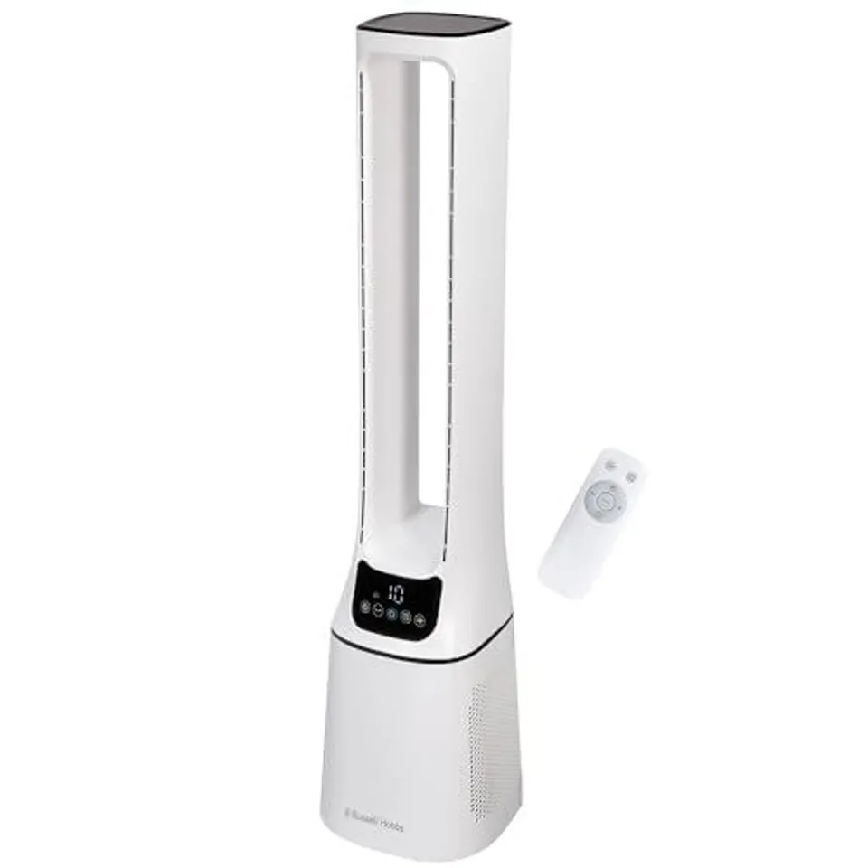 BOXED RUSSELL HOBBS BLADELESS QUIET TOWER FAN WITH REMOTE CONTROL,107CM TALL, 10 SPEED SETTINGS, 12 HOUR ADJUSTABLE TIMER, OSCILLATING FUNCTION