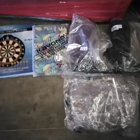 PALLET OF ASSORTED ITEMS INCLUDING ACEVIVI, ESSAY MAGNETIC DART BOARD, BLACK MEDICAL BOOT, ADRIAN LAUNDRY BASKET, MIBQO DOORMAT, CHEWIE MASK