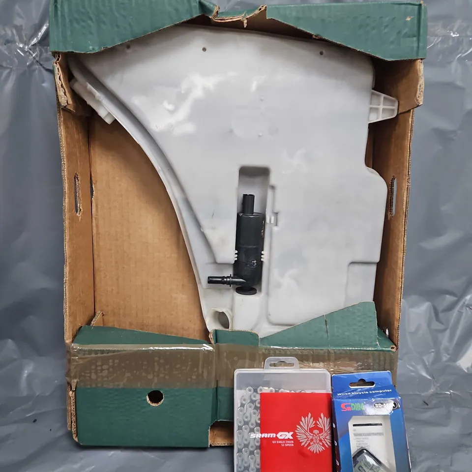 BOX OF APPROXIMATELY 20 ASSORTED ITEMS TO INCLUDE - BICYCLE WIRED COMPUTER , SRAM GX GX EAGLE CHAIN 12 SPEED , CONTINETAL WASHER LIQUID BOTTLE ETC