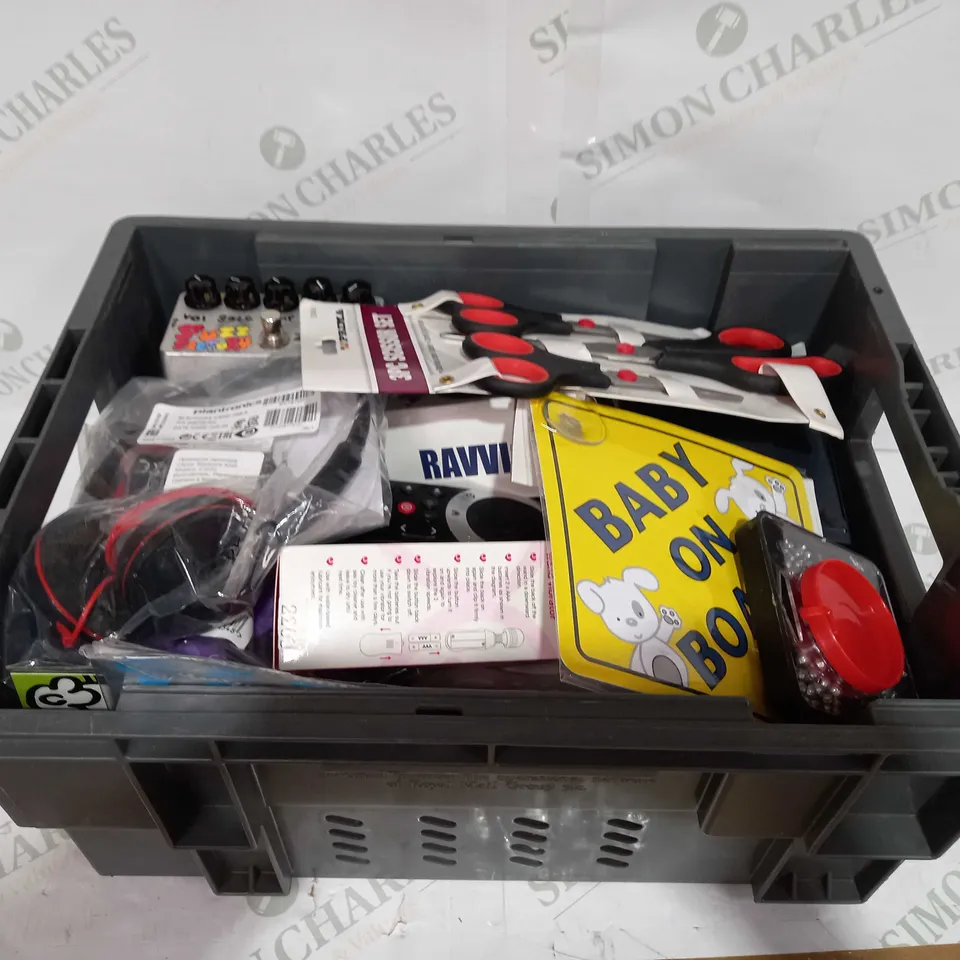 BOX TO CONTAIN APPROX 25 ASSORTED HOUSEHOLD PRODUCTS, INCLUDES LOVE HONEY MICRO WAND, SCISSORS, HANDCUFFS, HEADSET, CALCULATOR ETC 
