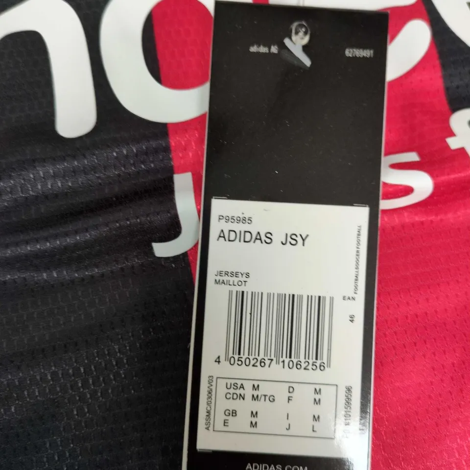 ADIDAS FOOTBALL JERSEY – BLACK & RED STRIPES WITH INDEED SPONSOR, MEN'S MEDIUM