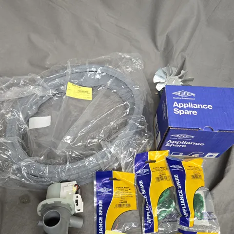 BOX OF APPOXIMATELY 5 ASSORTED APPLIANCE SPARES TO INCLUDE - DRAIN PUMP - CARBON BRUSH , PUMP FILTER ETC