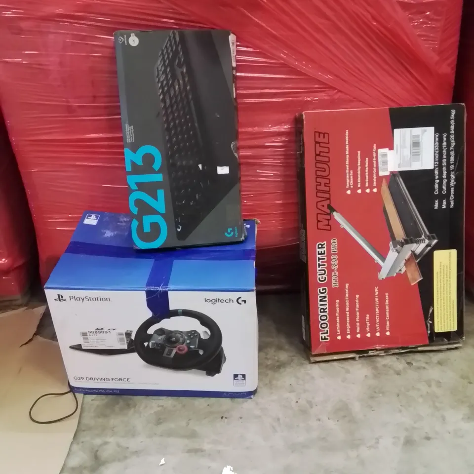 PALLET OF ASSORTED HOUSEHOLD GOODS AND PRODUCTS TO INCLUDE;LOGITECH G29,LOGITECH KEYBOARD,FLOOR CUTTER