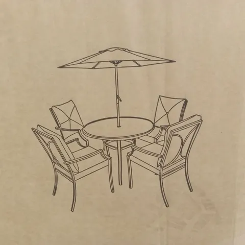 BOXED SEVILLE OUTDOOR DINING TABLE AND PARASOL // CHAIRS NOT INCLUDED (2 BOXES)