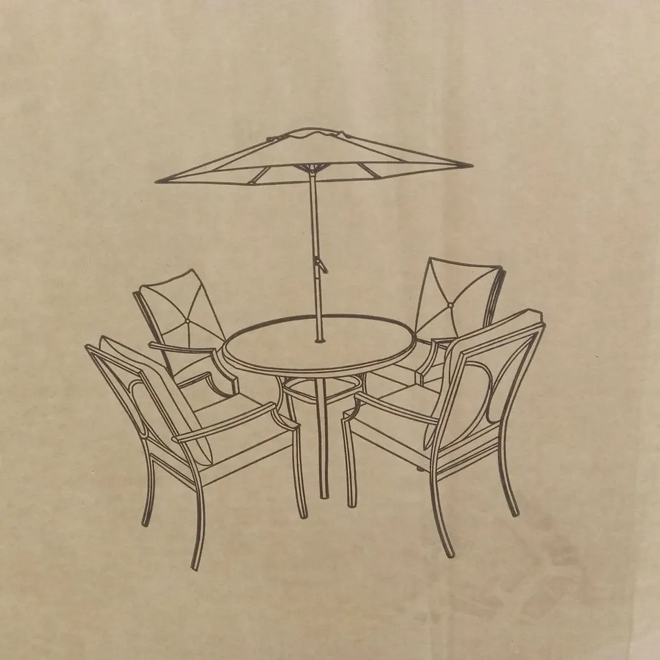 BOXED SEVILLE OUTDOOR DINING TABLE AND PARASOL // CHAIRS NOT INCLUDED (2 BOXES)