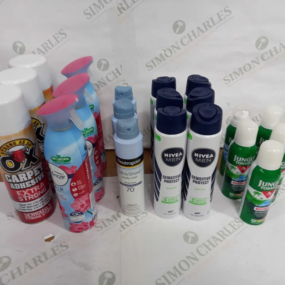 LOT OF APPROX 20 ASSORTED AEROSOLS TO INCLUDE BUG REPELLENT, BODY SPRAY, AIR SPRAY ETC