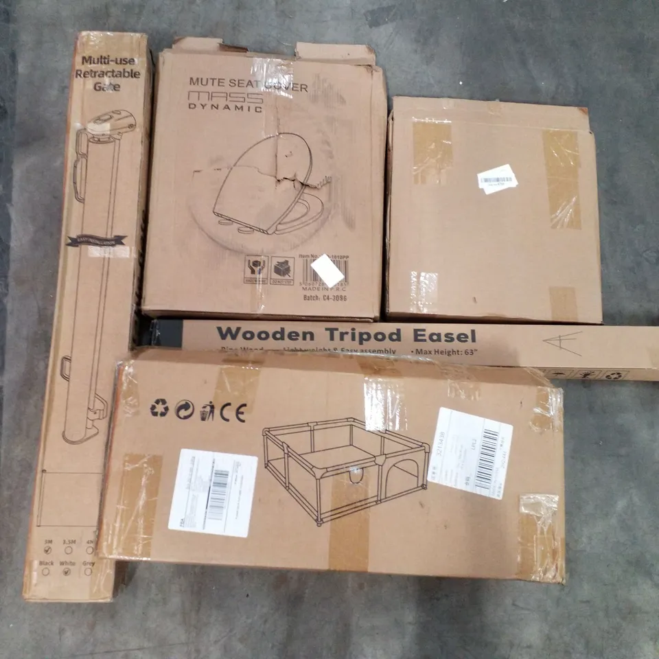 PALLET OF ASSORTED PRODUCTS INCLUDING MULTI-USE RETRACTABLE GATE, TOILET SEAT, TRIPOD EASEL, PLAYPEN, MICROWAVE DISH 