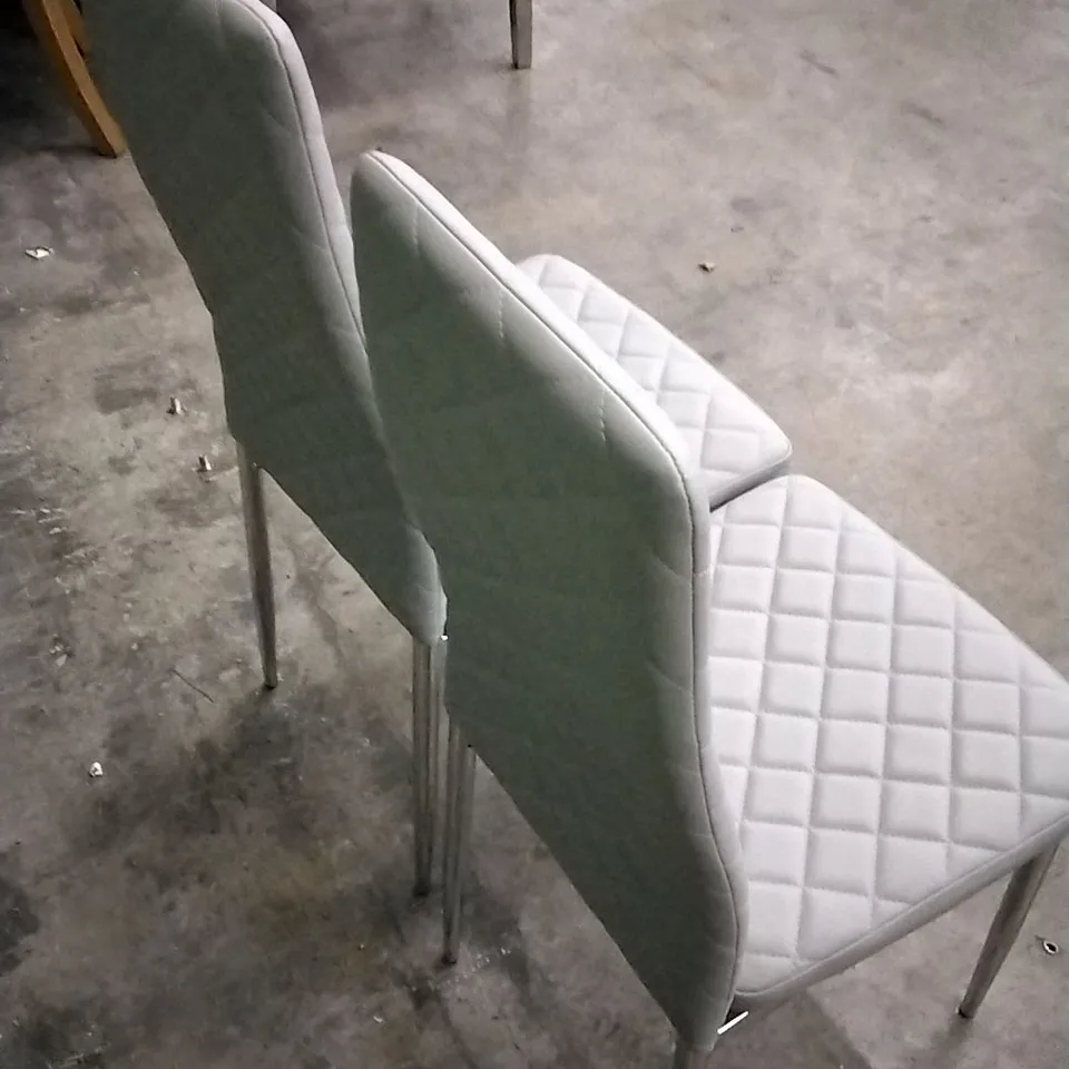SET OF 2 GREY LEATHER PILLOWED DINING CHAIRS WITH CHROME LEGS 