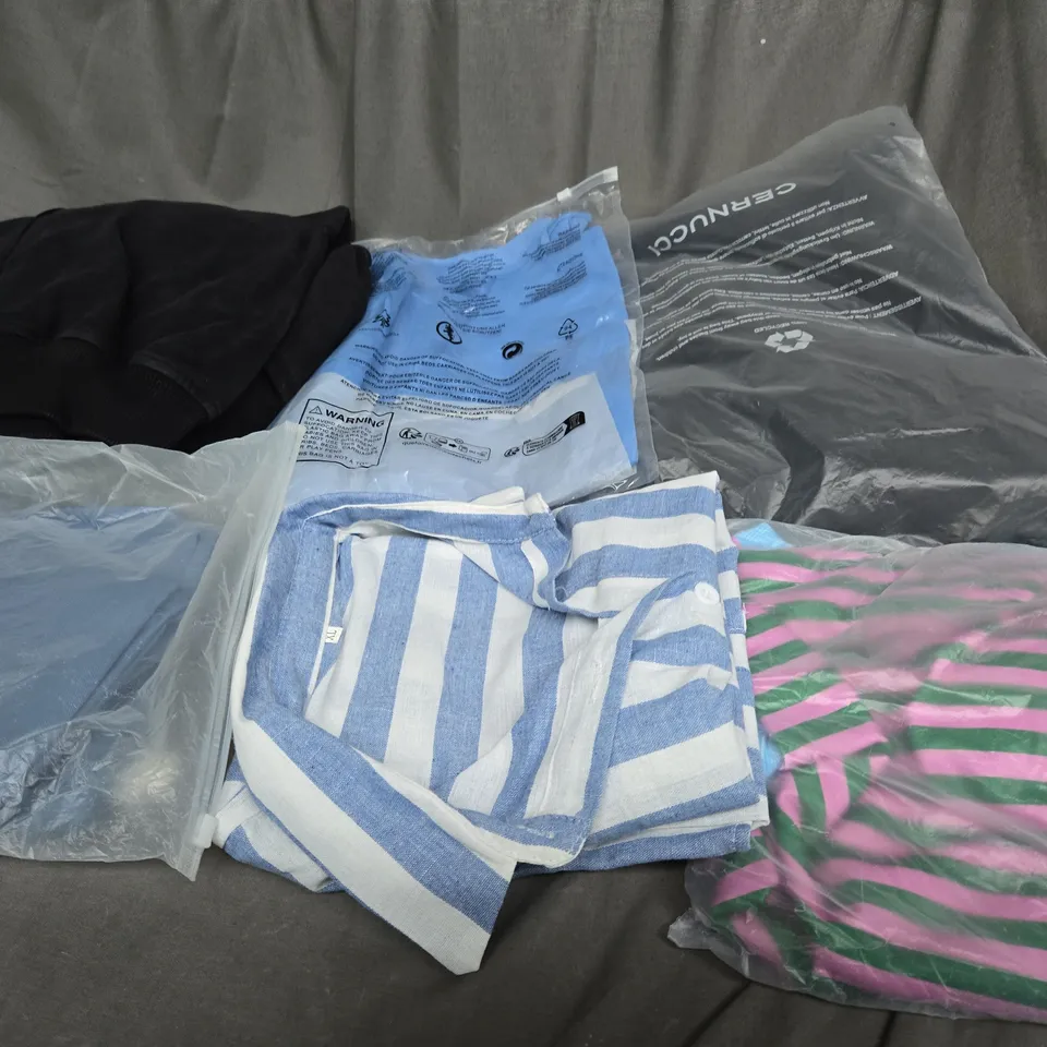 LARGE BOX OF ASSORTED CLOTHING ITEMS IN VARIOUS COLOURS, SIZES AND STYLES