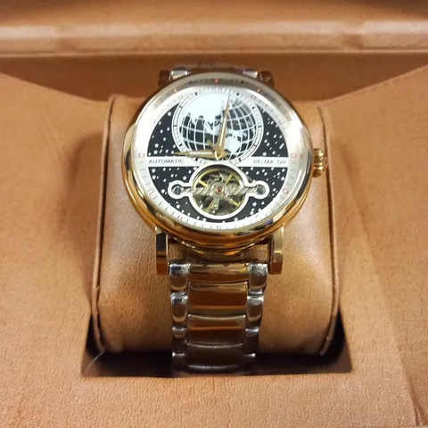 MENβS HELMA DH AUTOMATIC WORLD VIEW WATCH β TOURBILLON MOVEMENT β BLUE DIAL β STAINLESS STEEL STRAP β GLASS EXHIBITION BACK CASE β LEATHER STRAP INCLUDED