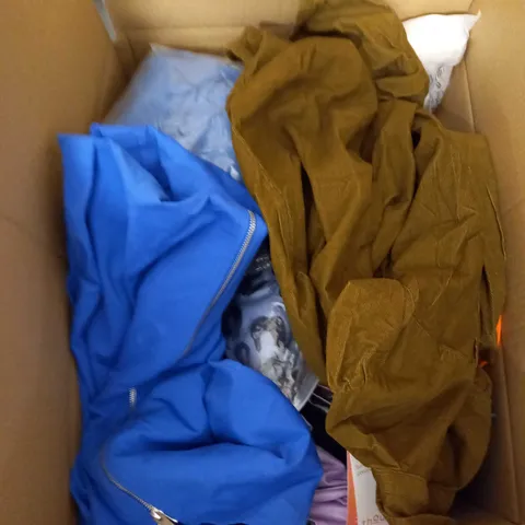 BOX OF ASSORTED CLOTHING ITEMS TOO INCLUDE DRESSES , SHIRTS AND TROUSERS IN VARIOUS SIZES AND COLOURS