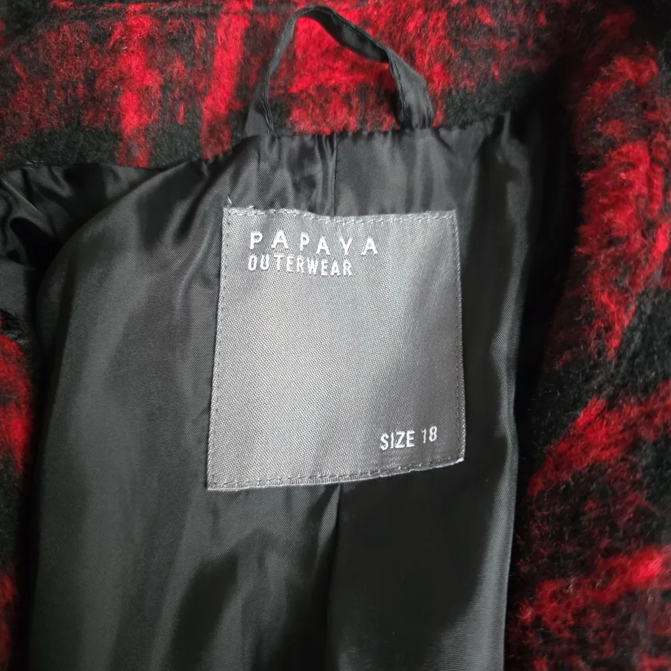 PAPAYA OUTERWEAR RED CHECK LONG LINE BUTTON FRONT COAT - UK 18