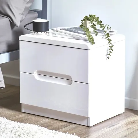 BOXED MULAK 2-DRAWER BEDSIDE TABLE - WHITE HIGH GLOSS (1 BOX)