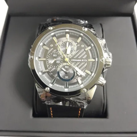 MENS ZIHLMANN & CO CHRONOGRAPH DIAL WATCH WITH STAINLESS STEEL CASE AND BLACK LEATHER WATCH IN GIFT BOX