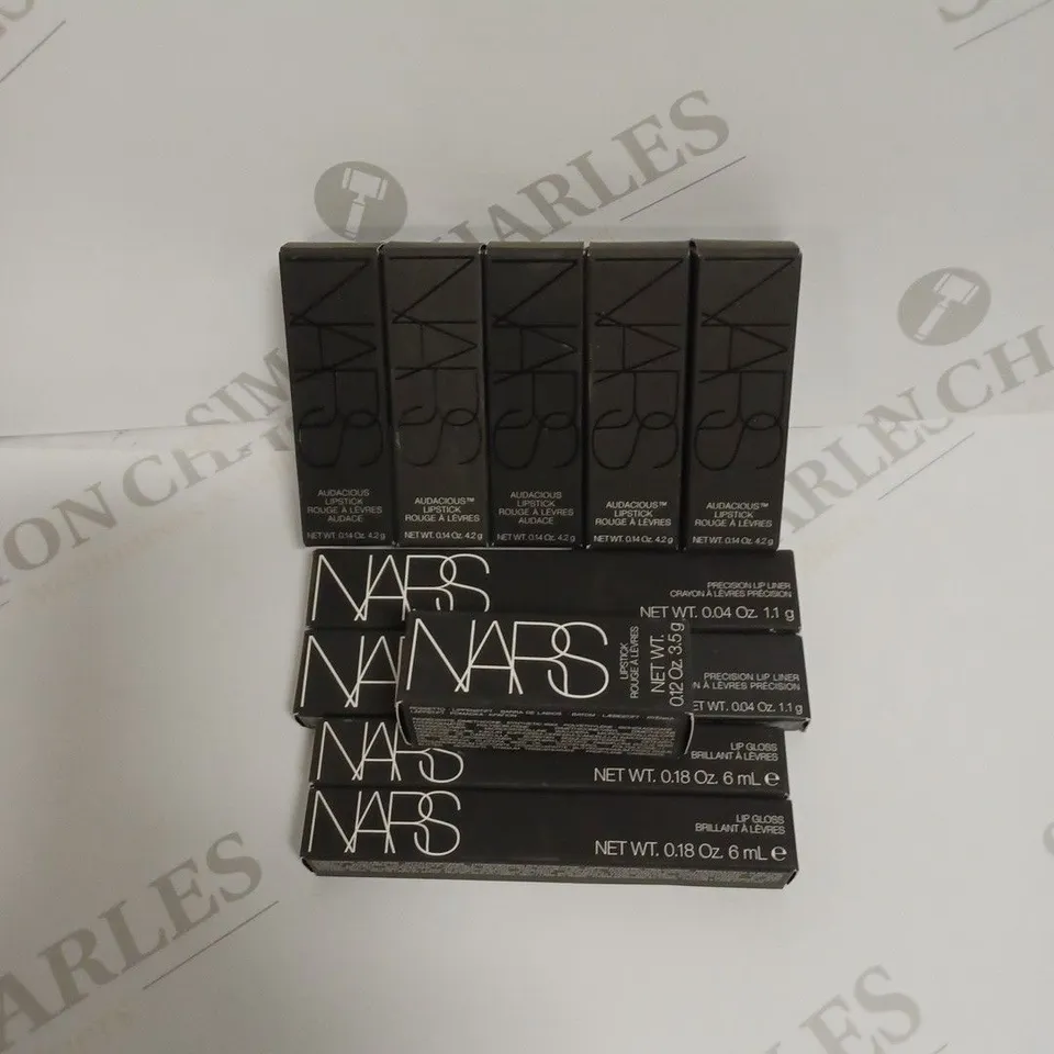 LOT OF 10 ASSORTED NARS LIPSTICK, LIP LINER AND LIP GLOSS