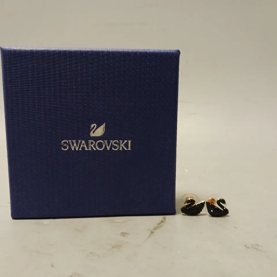 BOXED SWAROVSKI BLACK ROSE GOLD SWANS EARRINGS 