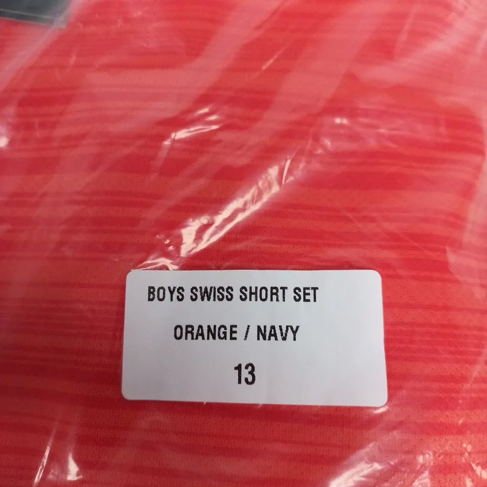 MOUNTAIN BOY'S SWISS SHORT SET – ORANGE & NAVY, SIZE 13